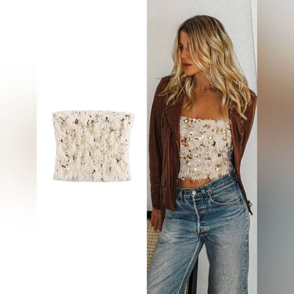 ZARA SEQUIN FRINGED CROP TOP - Picture 1 of 16